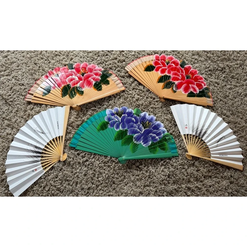 Lot Of Five Folding Hand Fans Wooden And Paper - Picture 1 of 10